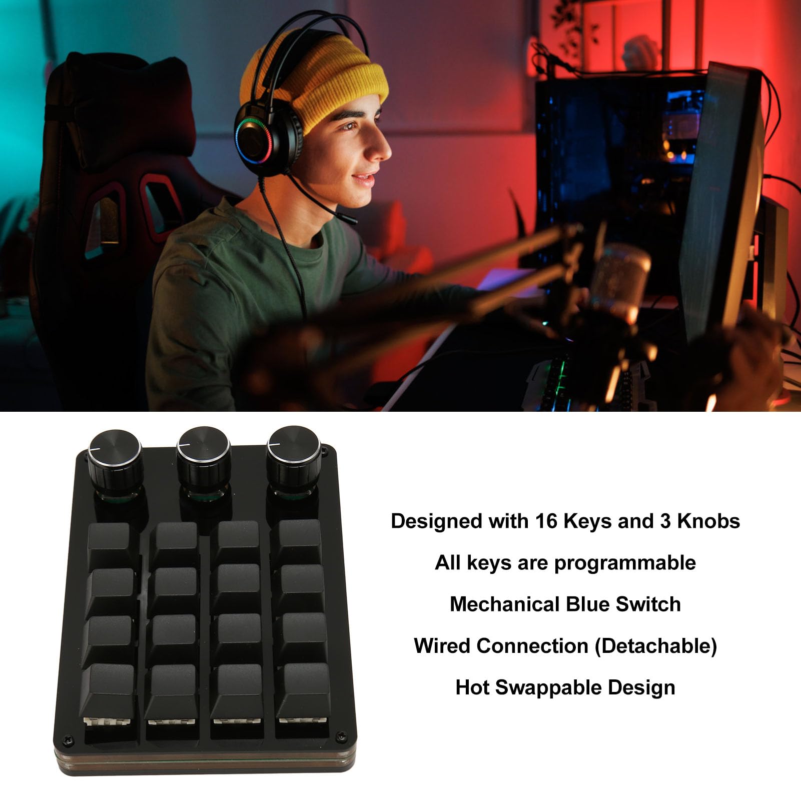 在庫処分】プログラマブルキーパッド、16キー3ノブブルースイッチ片手